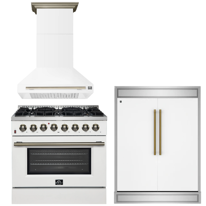 FORNO Appliance Package - 36" Dual Fuel Range, Range Hood, 60" Refrigerator in White with Antique Brass Accents