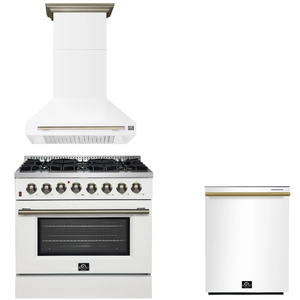 FORNO Appliance Package - 36" Dual Fuel Range, Range Hood, Dishwasher in White with Antique Brass Accents
