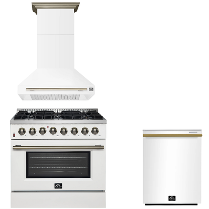 FORNO Appliance Package - 36" Dual Fuel Range, Range Hood, Dishwasher in White with Antique Brass Accents