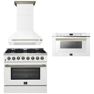 FORNO Appliance Package - 36" Dual Fuel Range, Range Hood, Microwave in White with Antique Brass Accents