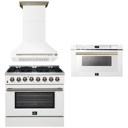 FORNO Appliance Package - 36" Dual Fuel Range, Range Hood, Microwave in White with Antique Brass Accents