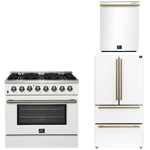 FORNO Appliance Package - 36" Dual Fuel Range, 36" Refrigerator, Dishwasher in White with Antique Brass Accents