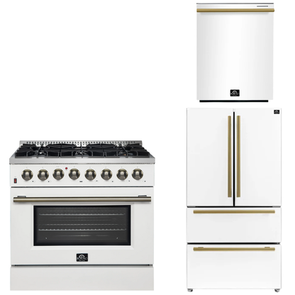FORNO Appliance Package - 36" Dual Fuel Range, 36" Refrigerator, Dishwasher in White with Antique Brass Accents