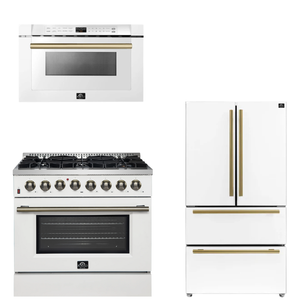 FORNO Appliance Package - 36" Dual Fuel Range, 36" Refrigerator, Microwave in White with Antique Brass Accents
