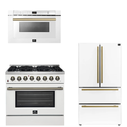 FORNO Appliance Package - 36" Dual Fuel Range, 36" Refrigerator, Microwave in White with Antique Brass Accents