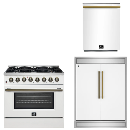 FORNO Appliance Package - 36" Dual Fuel Range, 60" Refrigerator, Dishwasher in White with Antique Brass Accents