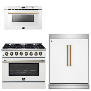FORNO Appliance Package - 36" Dual Fuel Range, 60" Refrigerator, Microwave in White with Antique Brass Accents