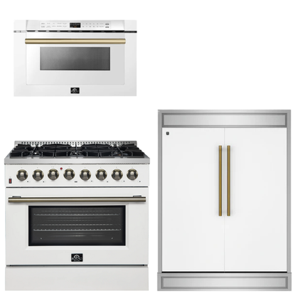 FORNO Appliance Package - 36" Dual Fuel Range, 60" Refrigerator, Microwave in White with Antique Brass Accents