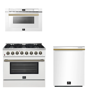 FORNO Appliance Package - 36" Dual Fuel Range, Dishwasher, Microwave in White with Antique Brass Accents