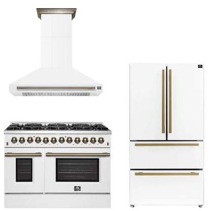 FORNO Appliance Package - 48" Dual Fuel Range, Range Hood, 36" Refrigerator in White with Antique Brass Accents