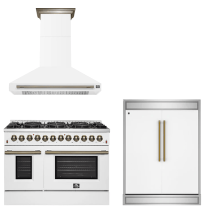 FORNO Appliance Package - 48" Dual Fuel Range, Range Hood, 60" Refrigerator in White with Antique Brass Accents