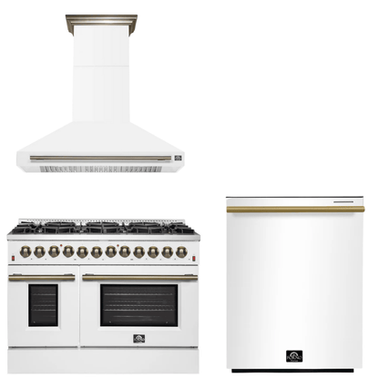 FORNO Appliance Package - 48" Dual Fuel Range, Range Hood, Dishwasher in White with Antique Brass Accents