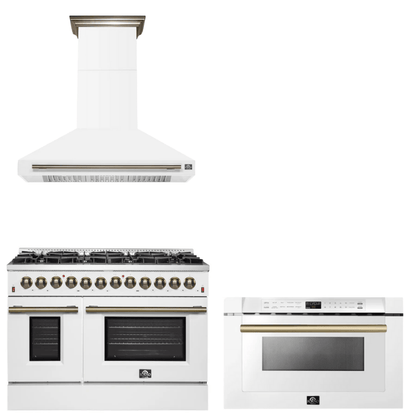 FORNO Appliance Package - 48" Dual Fuel Range, Range Hood, Microwave in White with Antique Brass Accents