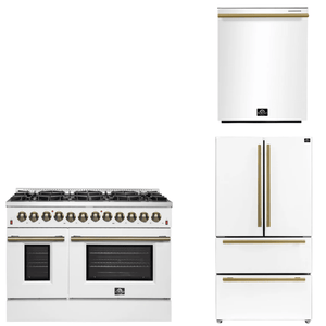 FORNO Appliance Package - 48" Dual Fuel Range, 36" Refrigerator, Dishwasher in White with Antique Brass Accents