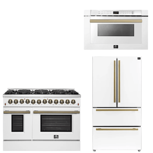 FORNO Appliance Package - 48" Dual Fuel Range, 36" Refrigerator, Microwave in White with Antique Brass Accents