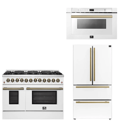 FORNO Appliance Package - 48" Dual Fuel Range, 36" Refrigerator, Microwave in White with Antique Brass Accents