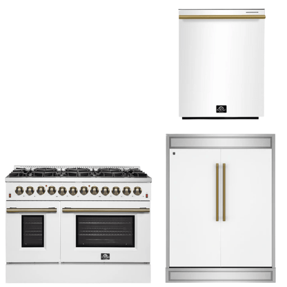 FORNO Appliance Package - 48" Dual Fuel Range, 60" Refrigerator, Dishwasher in White with Antique Brass Accents