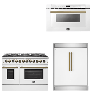 FORNO Appliance Package - 48" Dual Fuel Range, 60" Refrigerator, Microwave in White with Antique Brass Accents