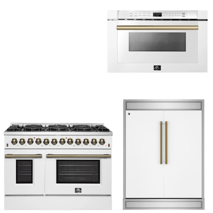 FORNO Appliance Package - 48" Dual Fuel Range, 60" Refrigerator, Microwave in White with Antique Brass Accents
