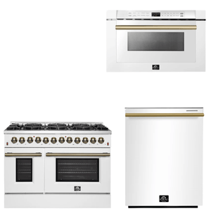 FORNO Appliance Package - 48" Dual Fuel Range, Dishwasher, Microwave in White with Antique Brass Accents