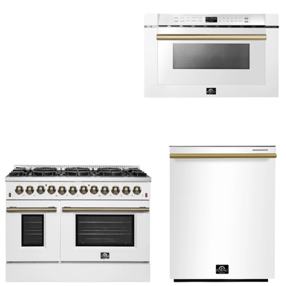 FORNO Appliance Package - 48" Dual Fuel Range, Dishwasher, Microwave in White with Antique Brass Accents