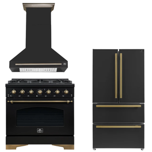 FORNO Espresso Package - 36" Gas Range, Range Hood, 36" Refrigerator in Black with Antique Brass Accents