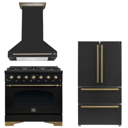 FORNO Espresso Package - 36" Gas Range, Range Hood, 36" Refrigerator in Black with Antique Brass Accents