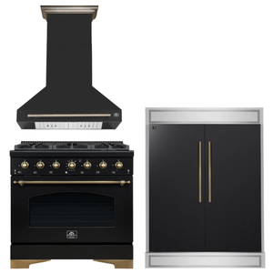 FORNO Espresso Package - 36" Gas Range, Range Hood, 60" Refrigerator in Black with Antique Brass Accents