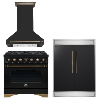 FORNO Espresso Package - 36" Gas Range, Range Hood, 60" Refrigerator in Black with Antique Brass Accents
