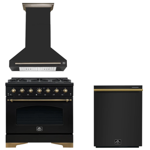 FORNO Espresso Package - 36" Gas Range, Range Hood, Dishwasher in Black with Antique Brass Accents