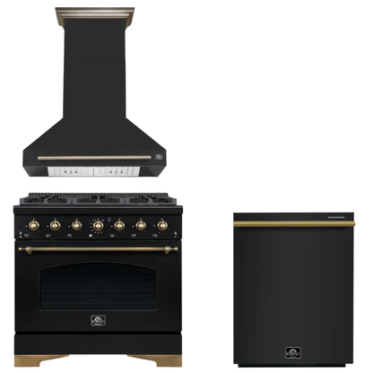 FORNO Espresso Package - 36" Gas Range, Range Hood, Dishwasher in Black with Antique Brass Accents