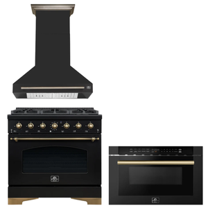 FORNO Espresso Package - 36" Gas Range, Range Hood, Microwave in Black with Antique Brass Accents