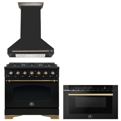 FORNO Espresso Package - 36" Gas Range, Range Hood, Microwave in Black with Antique Brass Accents
