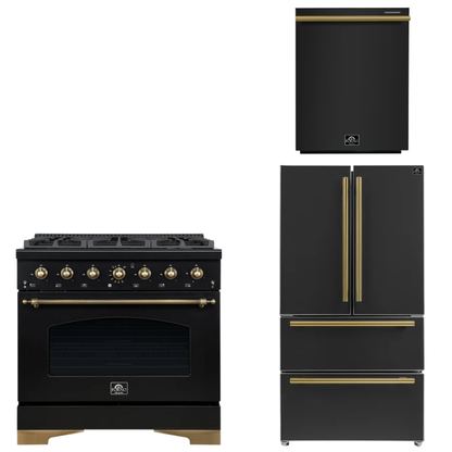 FORNO Espresso Package - 36" Gas Range, 36" Refrigerator, Dishwasher in Black with Antique Brass Accents