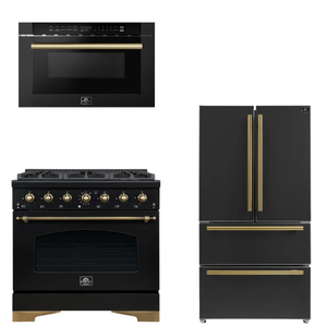FORNO Espresso Package - 36" Gas Range, 36" Refrigerator, Microwave in Black with Antique Brass Accents