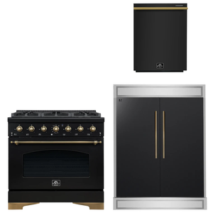 FORNO Espresso Package - 36" Gas Range, 60" Refrigerator, Dishwasher in Black with Antique Brass Accents