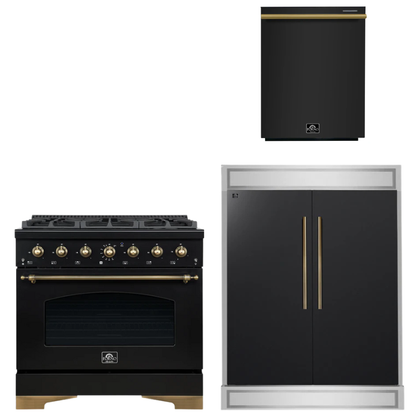FORNO Espresso Package - 36" Gas Range, 60" Refrigerator, Dishwasher in Black with Antique Brass Accents