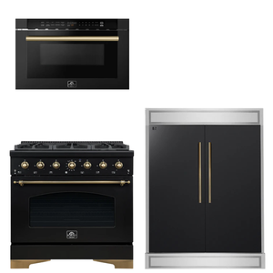 FORNO Espresso Package - 36" Gas Range, 60" Refrigerator, Microwave in Black with Antique Brass Accents