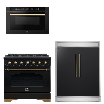 FORNO Espresso Package - 36" Gas Range, 60" Refrigerator, Microwave in Black with Antique Brass Accents