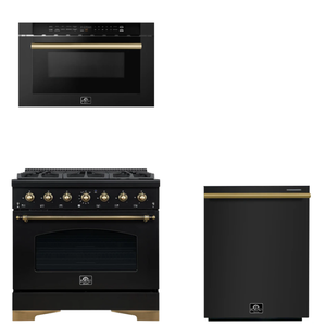 FORNO Espresso Package - 36" Gas Range, Dishwasher, Microwave in Black with Antique Brass Accents