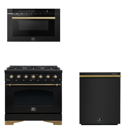 FORNO Espresso Package - 36" Gas Range, Dishwasher, Microwave in Black with Antique Brass Accents