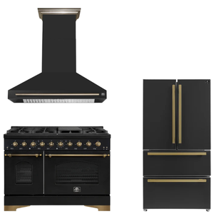 FORNO Espresso Package - 48" Gas Range, Range Hood, 36" Refrigerator in Black with Antique Brass Accents