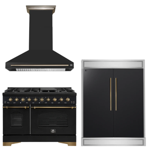 FORNO Espresso Package - 48" Gas Range, Range Hood, 60" Refrigerator in Black with Antique Brass Accents