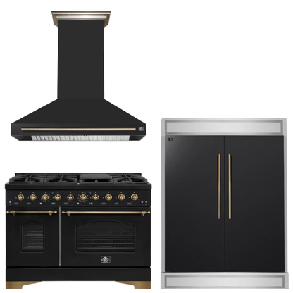 FORNO Espresso Package - 48" Gas Range, Range Hood, 60" Refrigerator in Black with Antique Brass Accents