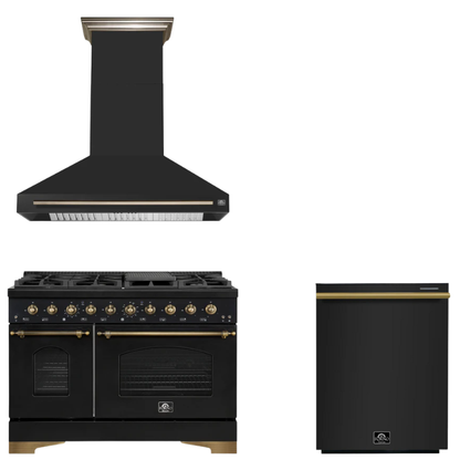 FORNO Espresso Package - 48" Gas Range, Range Hood, Dishwasher in Black with Antique Brass Accents