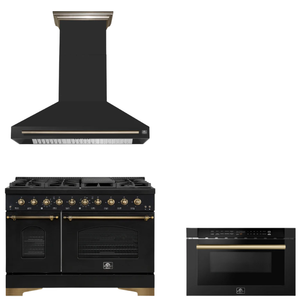 FORNO Espresso Package - 48" Gas Range, Range Hood, Microwave in Black with Antique Brass Accents