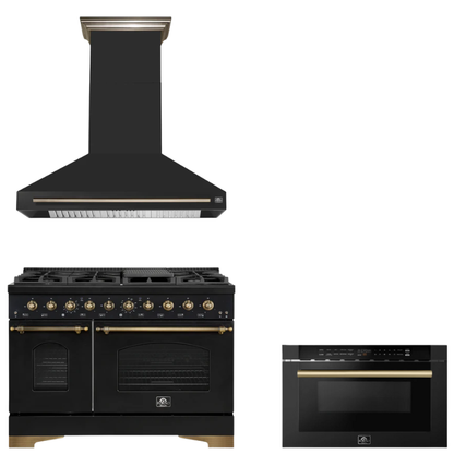 FORNO Espresso Package - 48" Gas Range, Range Hood, Microwave in Black with Antique Brass Accents