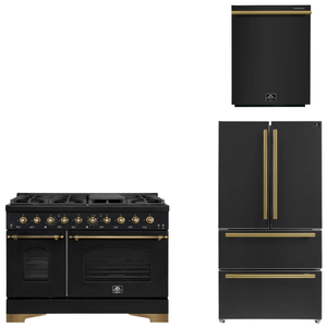 FORNO Espresso Package - 48" Gas Range, 36" Refrigerator, Dishwasher in Black with Antique Brass Accents