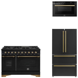 FORNO Espresso Package - 48" Gas Range, 36" Refrigerator, Microwave in Black with Antique Brass Accents