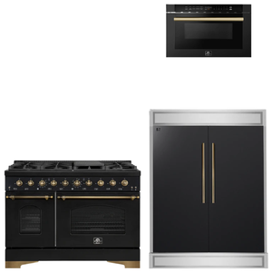 FORNO Espresso Package - 48" Gas Range, 60" Refrigerator, Microwave in Black with Antique Brass Accents